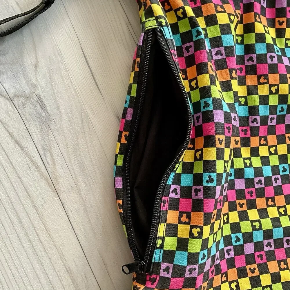 Disney Parks Mickey Black Rainbow Design Draw String Backpack Side Zipper Pocket